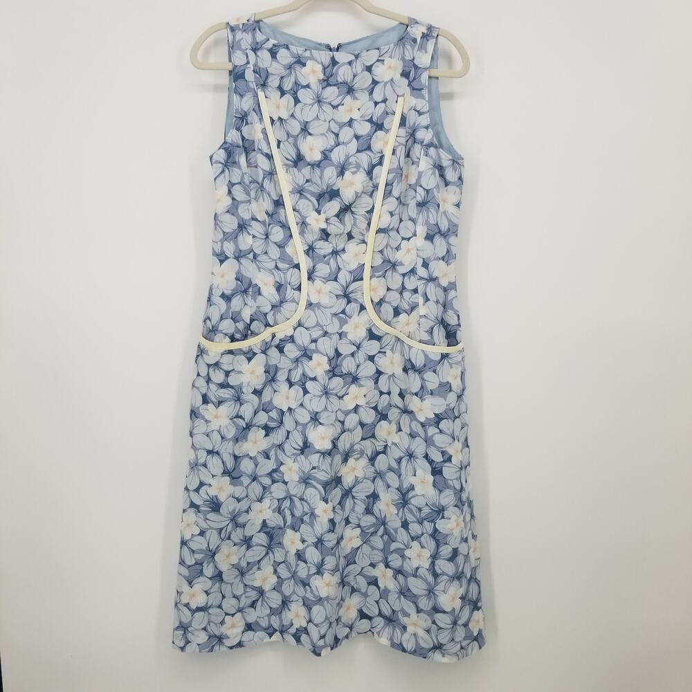 Luca Luca Floral 100%‎ Linen Dress M Sleeveless Silk Lining A-Line Light Blue